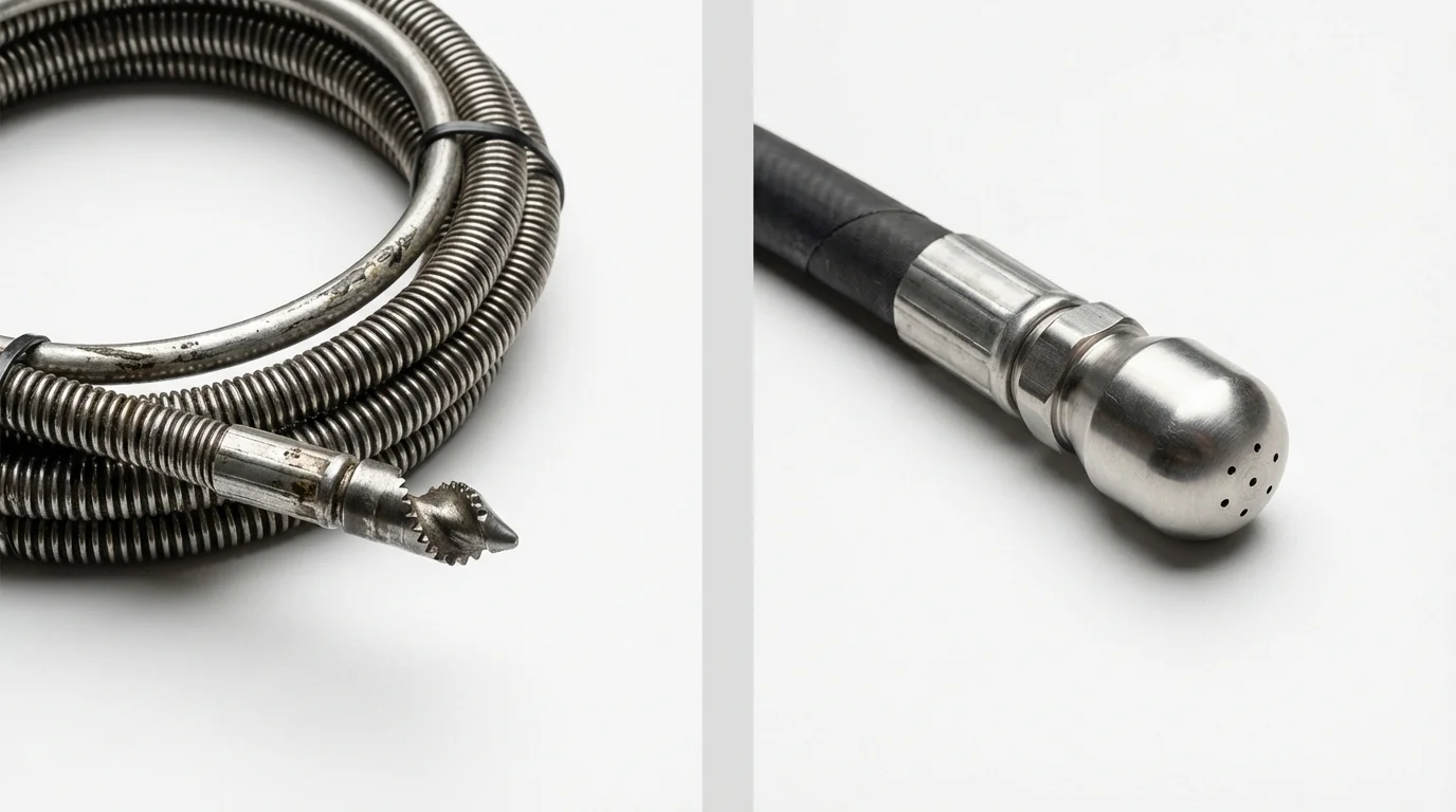 Drain snake cable and hydro jetting nozzle used for drain cleaning in Kearny, NJ