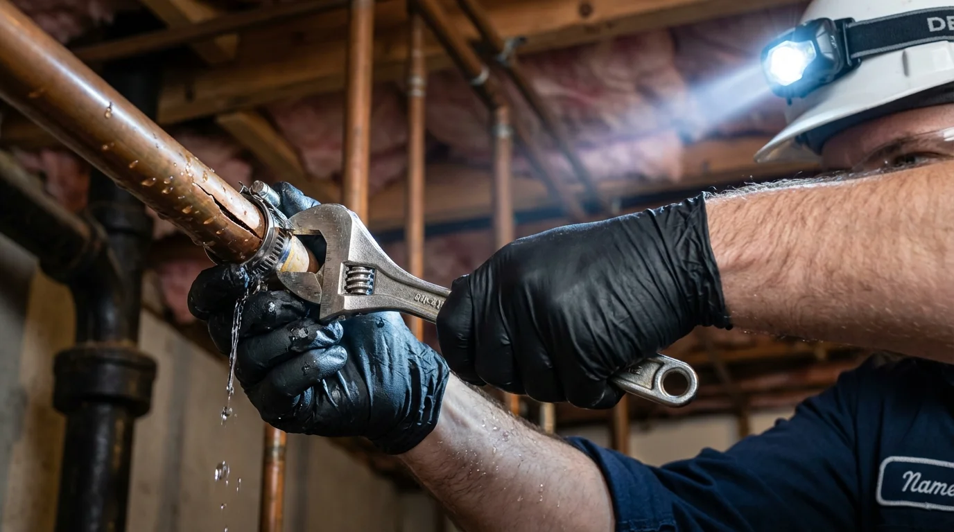 Emergency pipe clamp repair being performed by a Johns Plumbing LLC plumber in Kearny