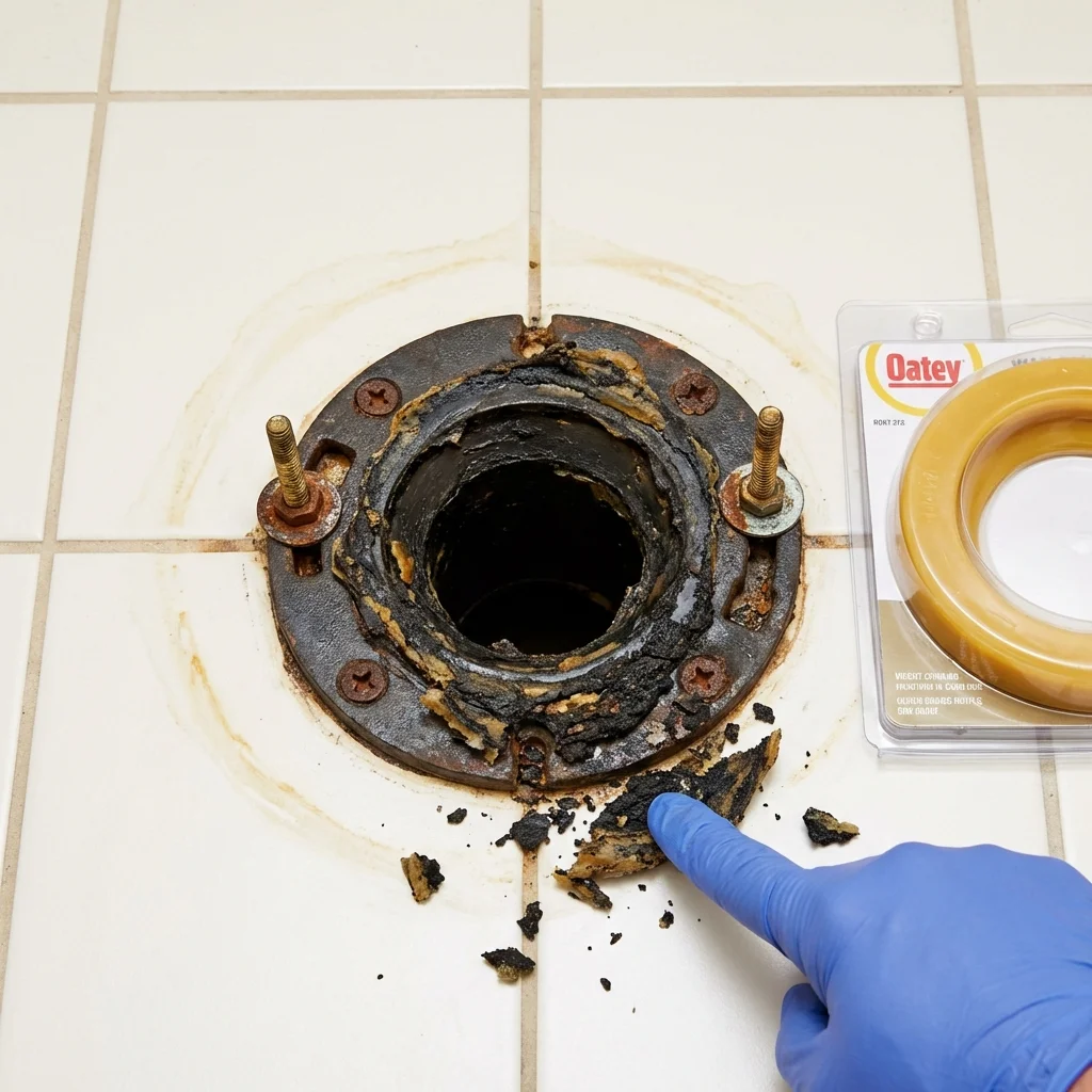 Failed wax ring showing water seepage at the base of a toilet in a Kearny, NJ home