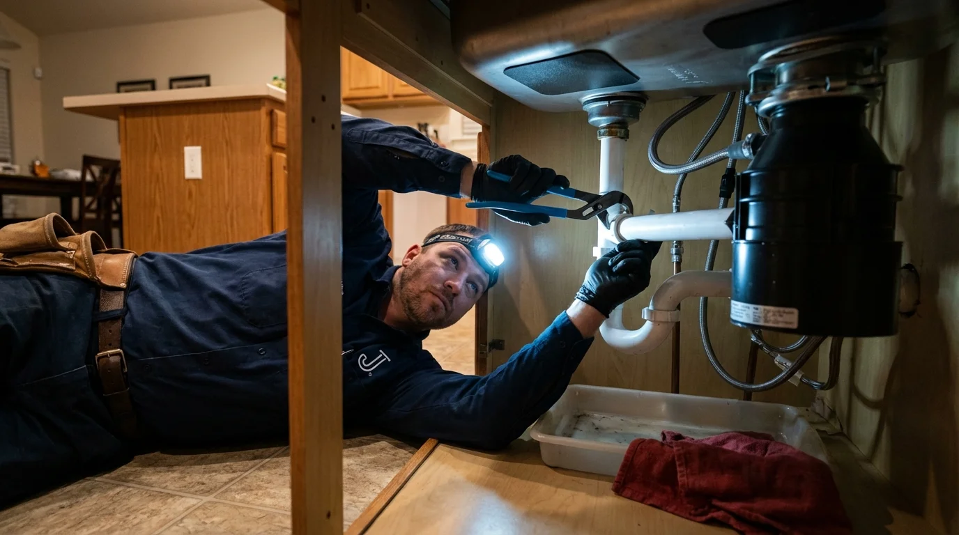 P-trap and supply line connections under a kitchen sink showing a common leak point in Kearny, NJ
